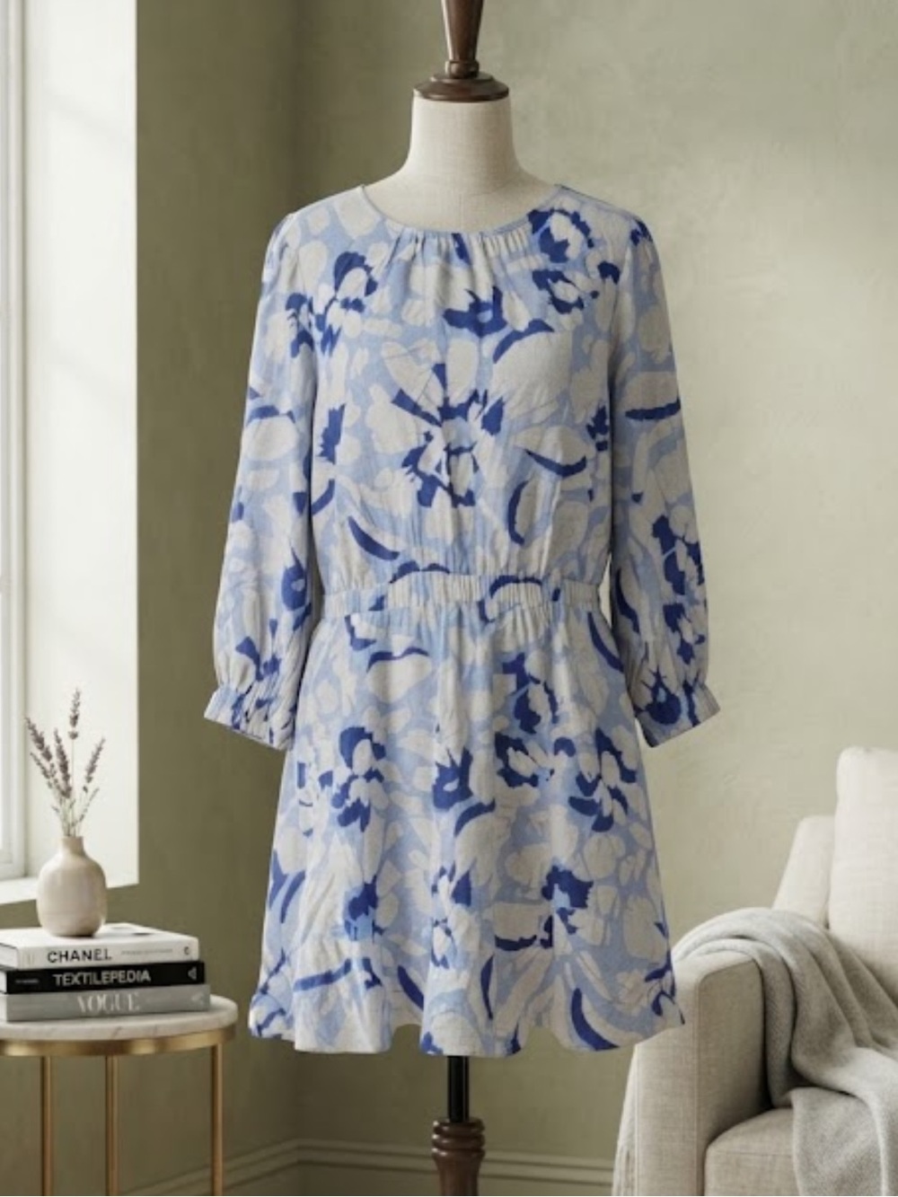 LOFT Linen Light Blue and White Floral Mini Dress